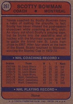 1974-75 Topps #261 Scotty Bowman CO RC back image