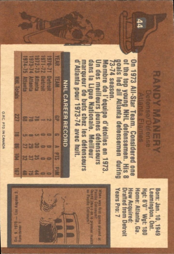 1975-76 O-Pee-Chee #44 Randy Manery back image