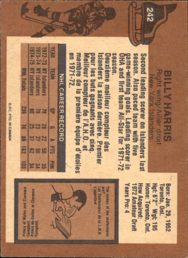 1975-76 O-Pee-Chee #242 Billy Harris back image
