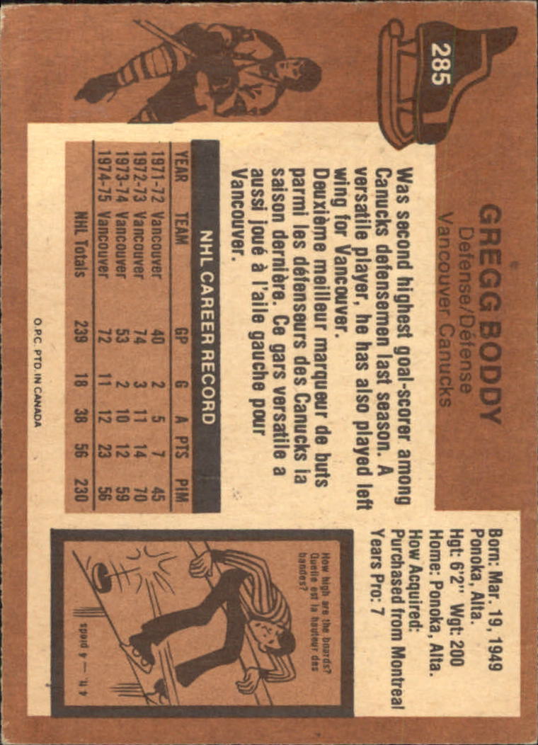 1975-76 O-Pee-Chee #285 Gregg Boddy back image