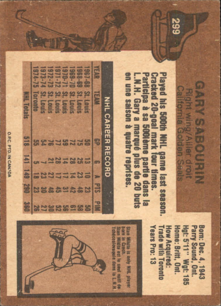 1975-76 O-Pee-Chee #299 Gary Sabourin back image