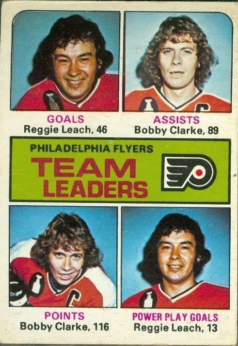 1975-76 O-Pee-Chee #325 Flyers Leaders Reggie Leach Bobby Clarke - EX