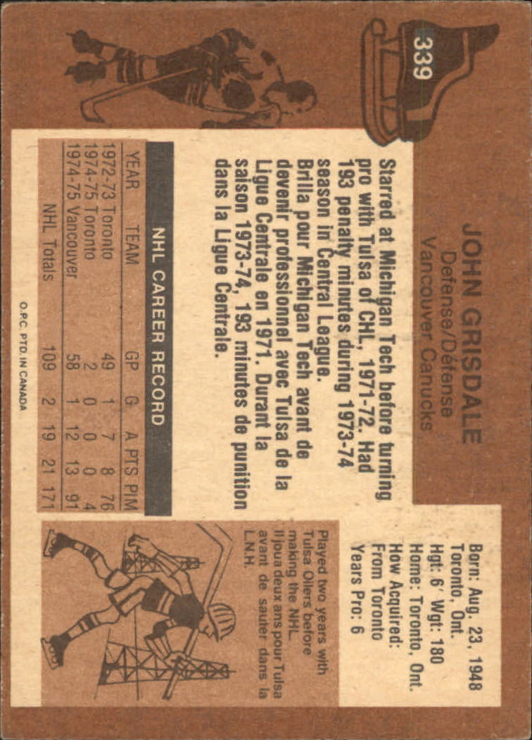 1975-76 O-Pee-Chee #339 John Grisdale RC back image