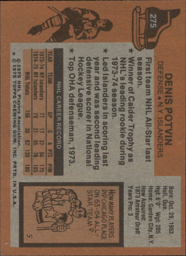 1975-76 Topps #275 Denis Potvin back image