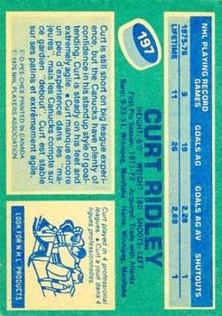 1976-77 O-Pee-Chee #197 Curt Ridley RC back image