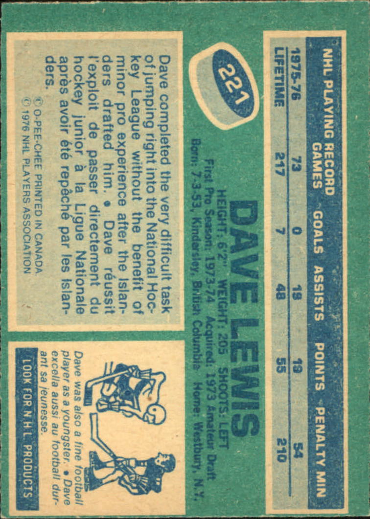 1976-77 O-Pee-Chee #221 Dave Lewis back image