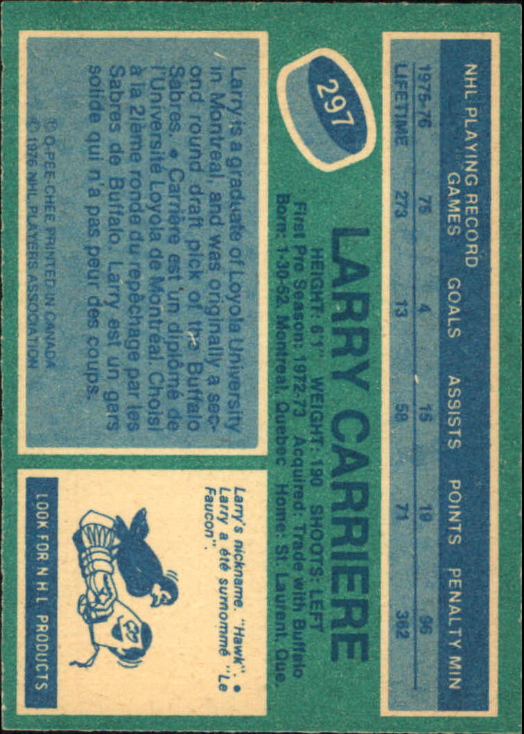 1976-77 O-Pee-Chee #297 Larry Carriere back image