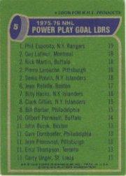 1976-77 Topps #5 Power Play Goals/Leaders/Phil Esposito/Guy Lafleur/Richard Martin/Pierre Larouche/Denis Potvin back image