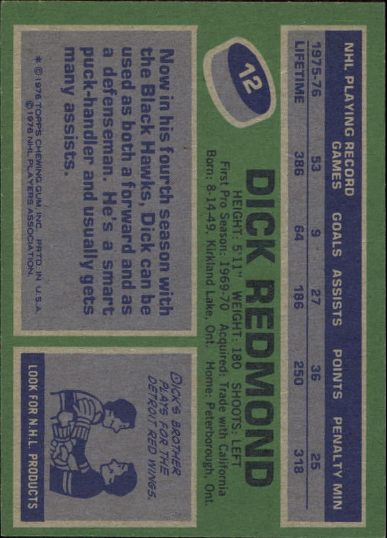 1976-77 Topps #12 Dick Redmond back image
