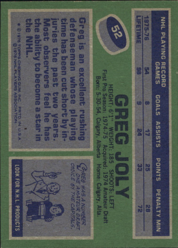 1976-77 Topps #52 Greg Joly back image