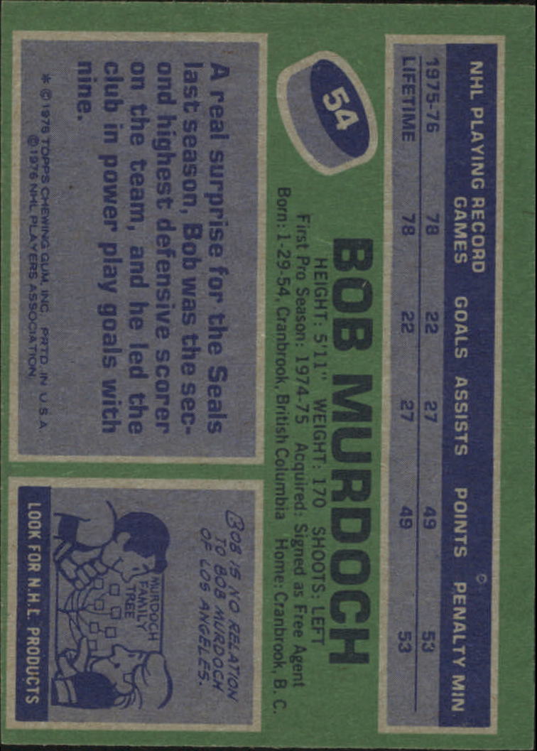 1976-77 Topps #54 Bob Murdoch Seals back image
