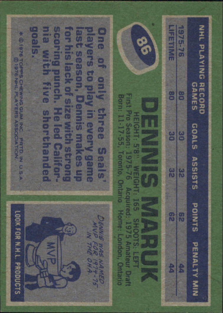 1976-77 Topps #86 Dennis Maruk RC back image