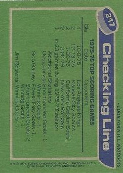 1976-77 Topps #217 Checking Line/Bob Gainey/Doug Jarvis/Jim Roberts back image