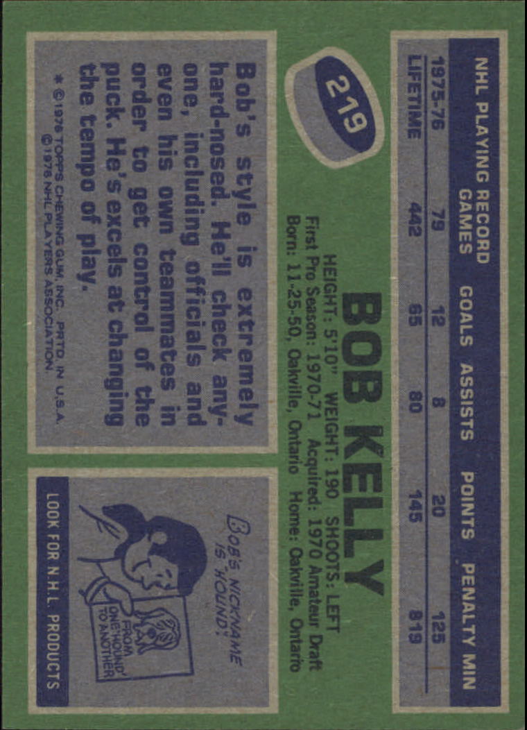 1976-77 Topps #219 Bob Kelly back image