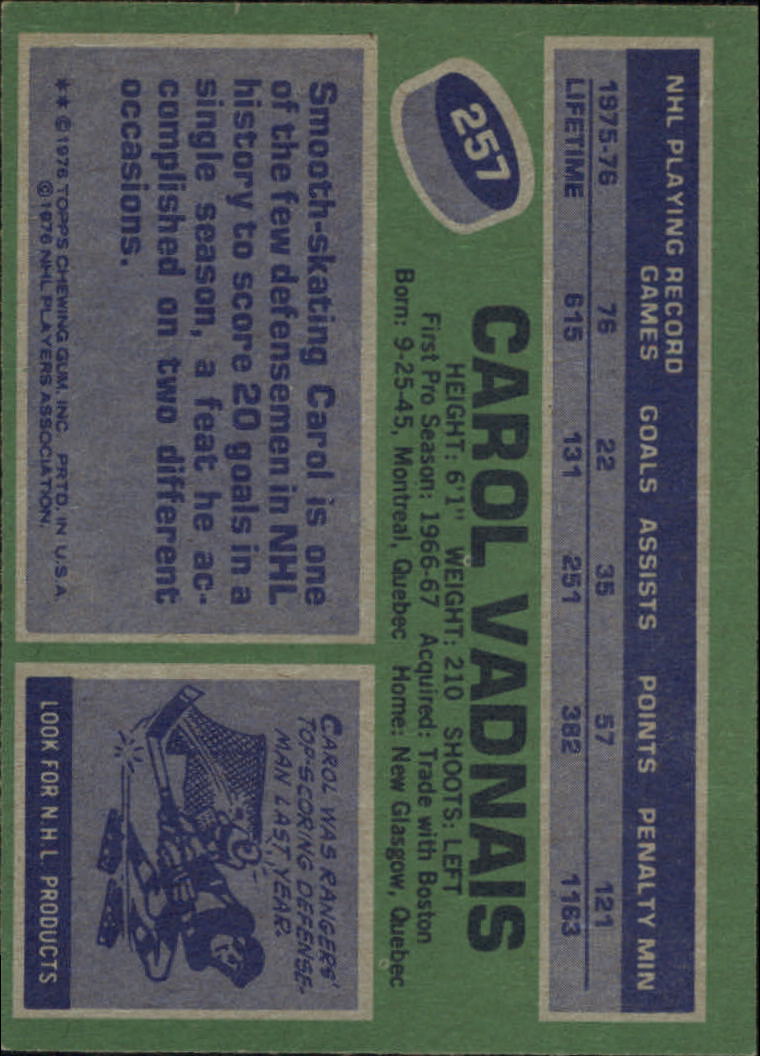 1976-77 Topps #257 Carol Vadnais back image