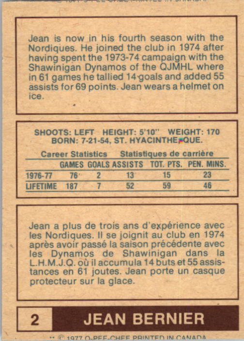 1977-78 O-Pee-Chee WHA #2 Jean Bernier RC back image