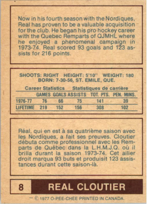 1977-78 O-Pee-Chee WHA #8 Real Cloutier back image