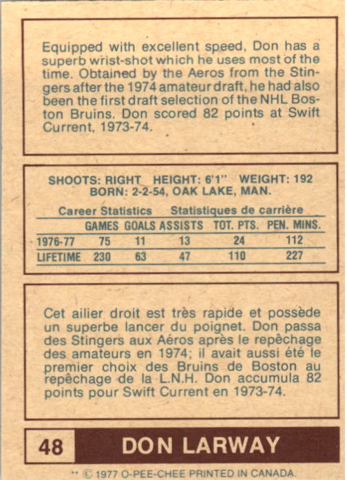 1977-78 O-Pee-Chee WHA #48 Don Larway RC back image