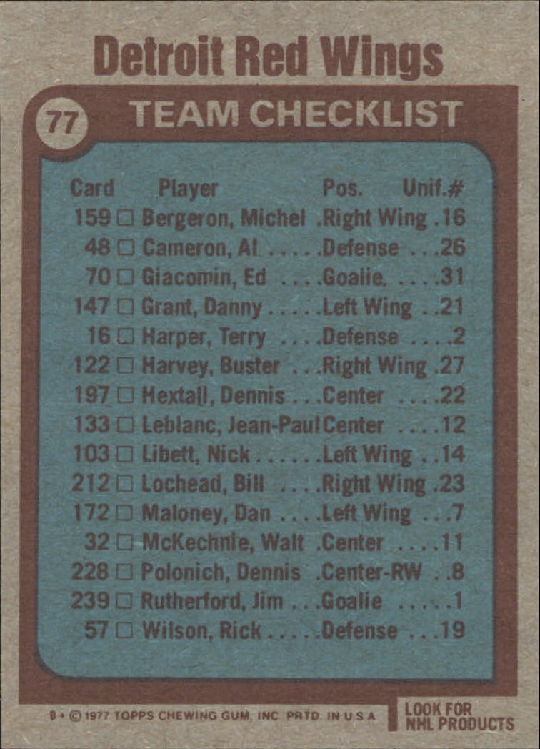 1977-78 Topps #77 Red Wings Team CL back image