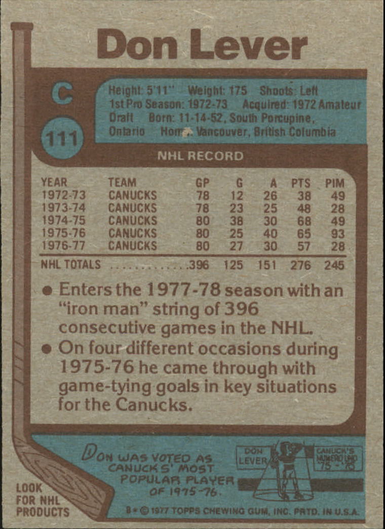 1977-78 Topps #111 Don Lever back image