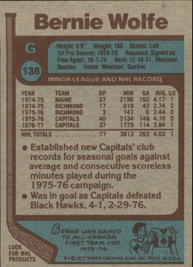 1977-78 Topps #138B Bernie Wolfe COR back image