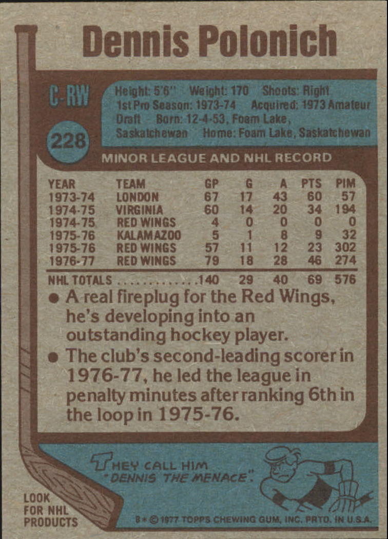 1977-78 Topps #228 Dennis Polonich RC back image