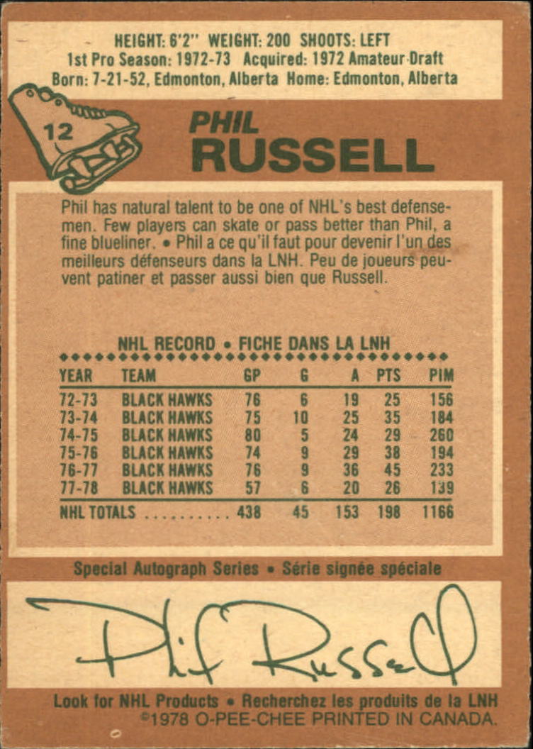 1978-79 O-Pee-Chee #12 Phil Russell back image