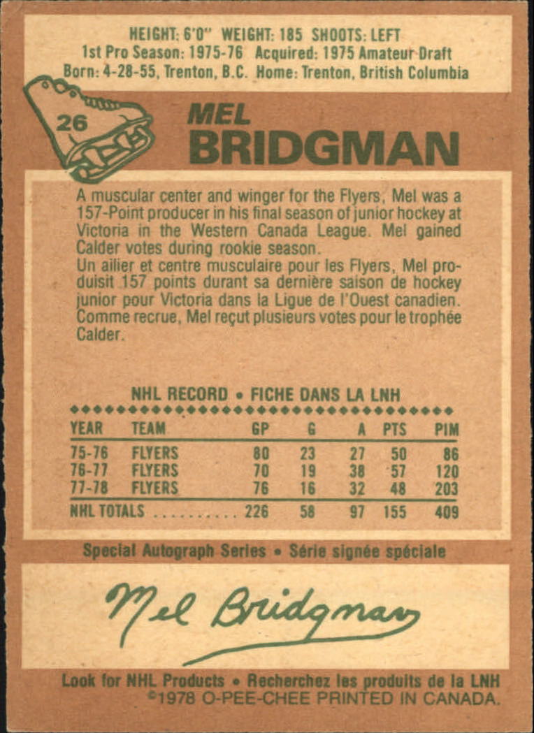 1978-79 O-Pee-Chee #26 Mel Bridgman back image