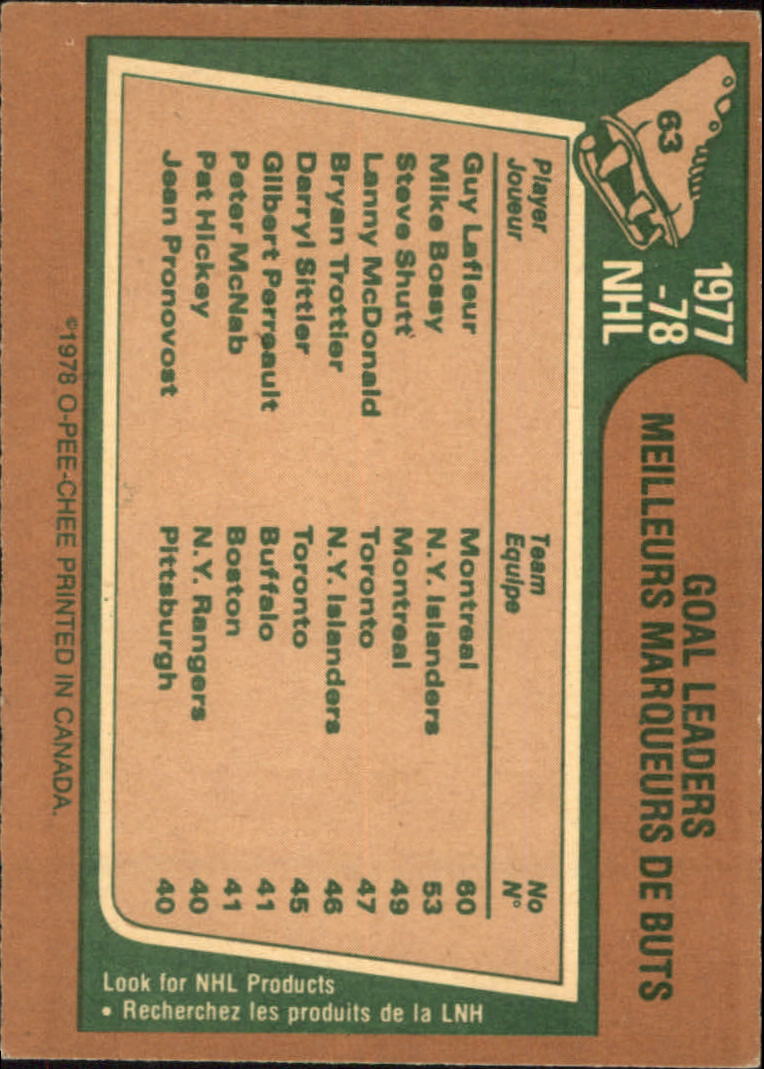 1978-79 O-Pee-Chee #63 Goal Leaders/Guy Lafleur/Mike Bossy/Steve Shutt back image