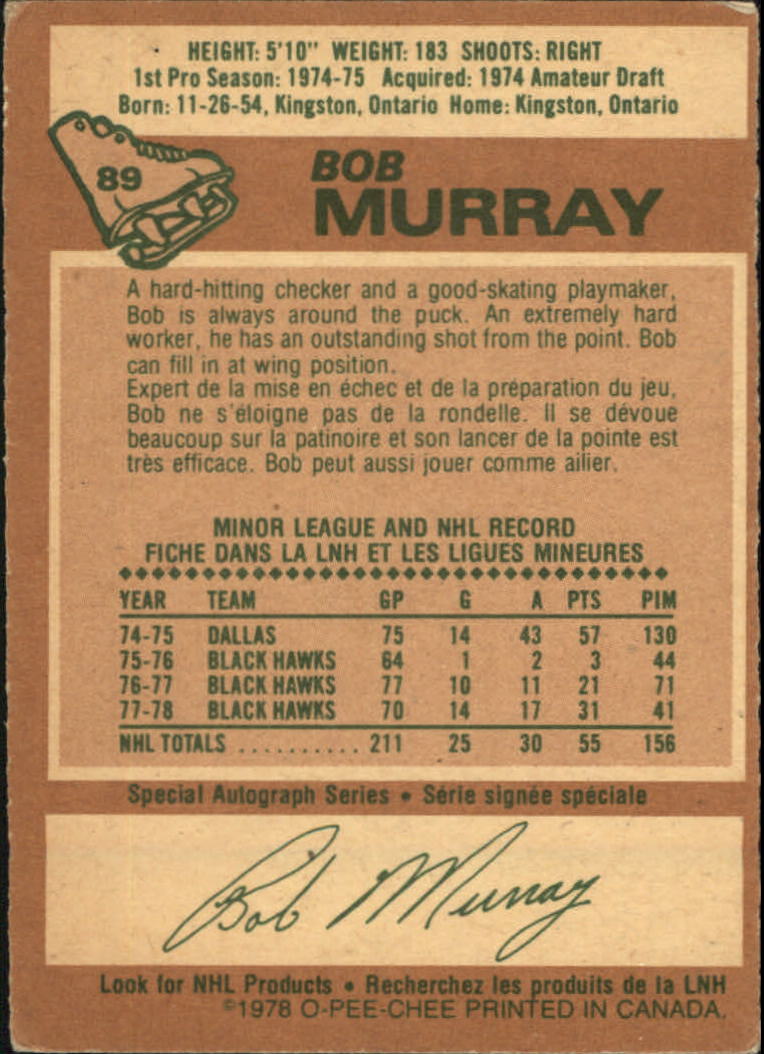 1978-79 O-Pee-Chee #89 Bob Murray back image