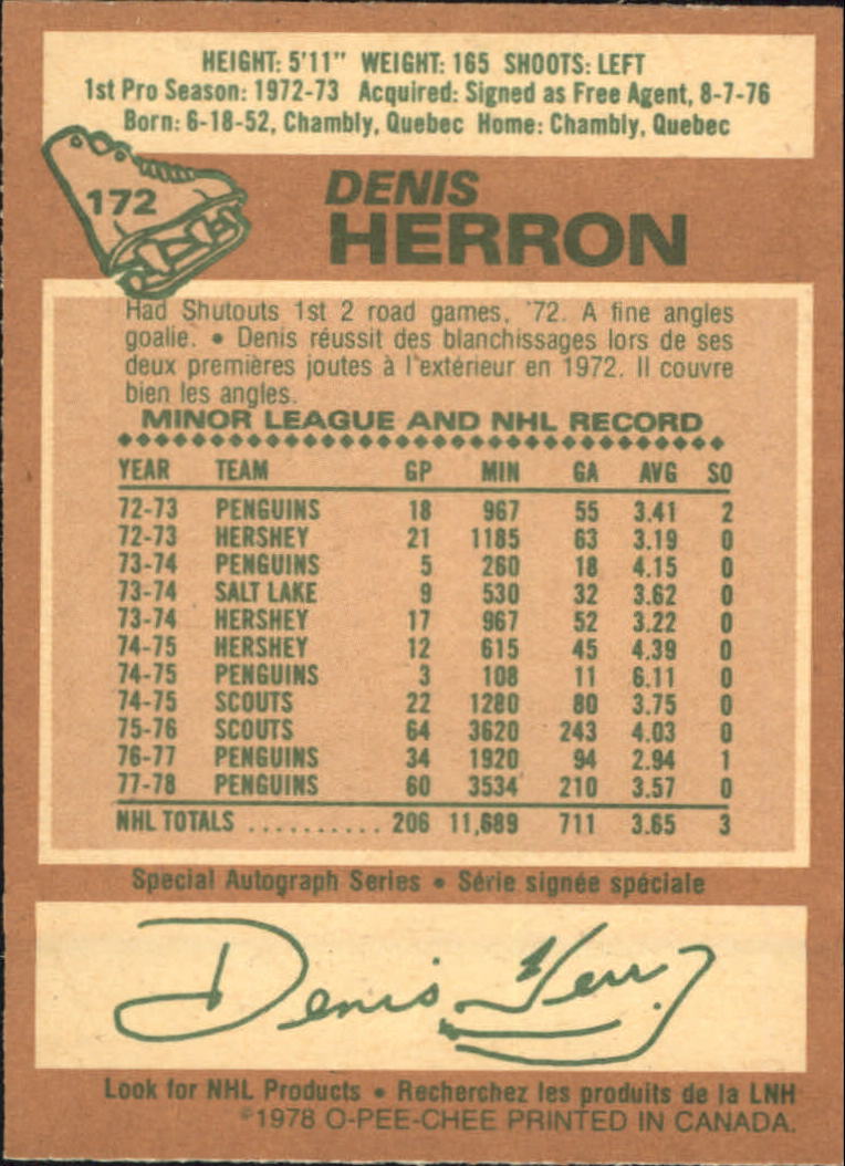 1978-79 O-Pee-Chee #172 Denis Herron back image