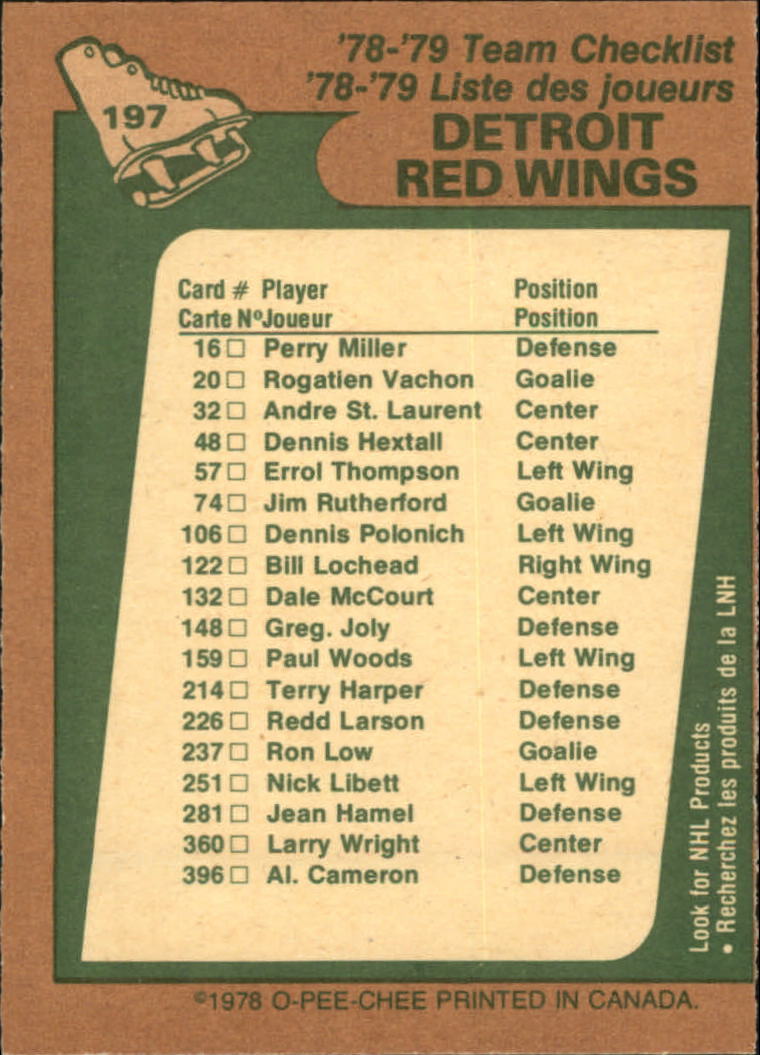 1978-79 O-Pee-Chee #197 Red Wings Team back image