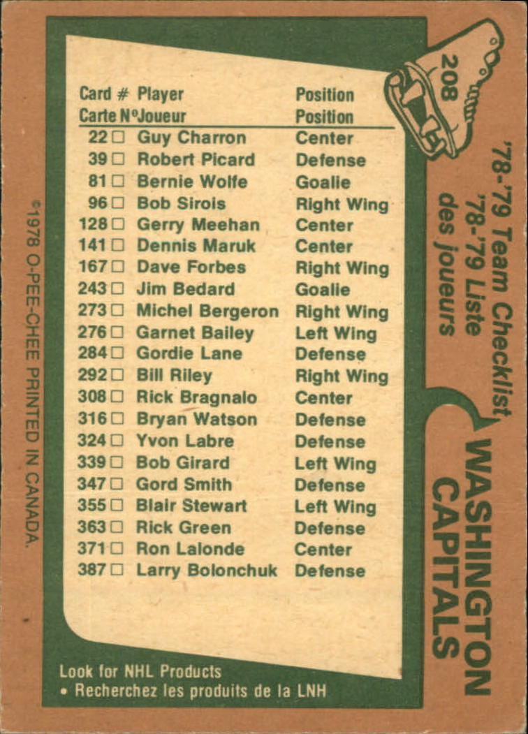 1978-79 O-Pee-Chee #208 Capitals Team back image
