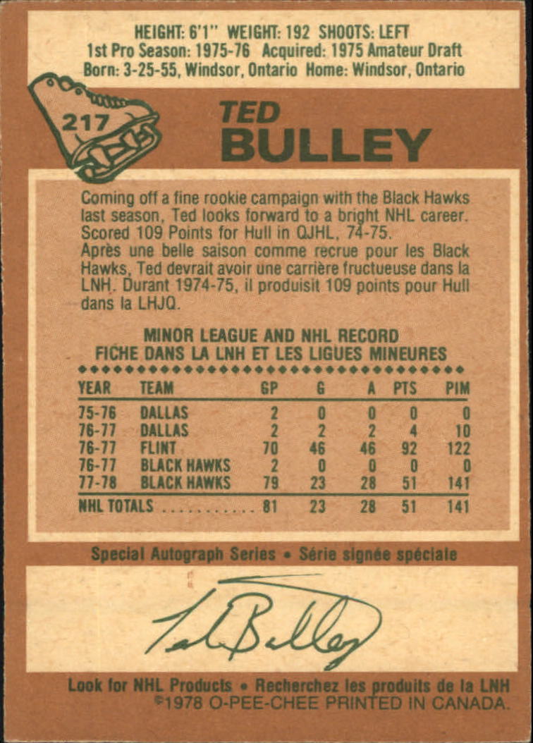 1978-79 O-Pee-Chee #217 Ted Bulley RC back image