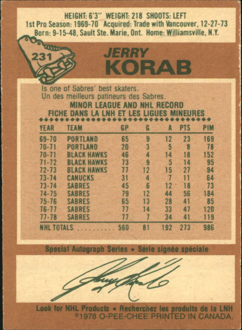 1978-79 O-Pee-Chee #231 Jerry Korab back image