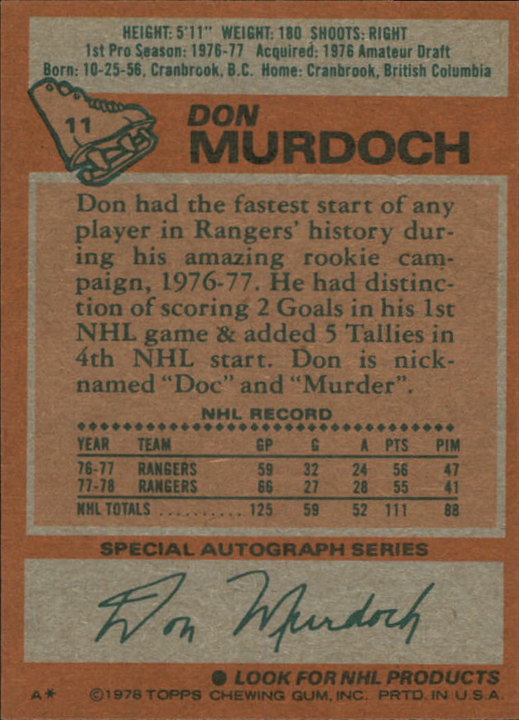 1978-79 Topps #11 Don Murdoch back image