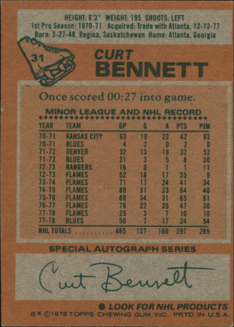 1978-79 Topps #31 Curt Bennett back image