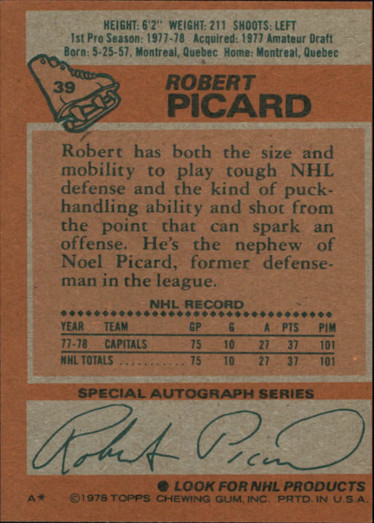 1978-79 Topps #39 Robert Picard RC back image