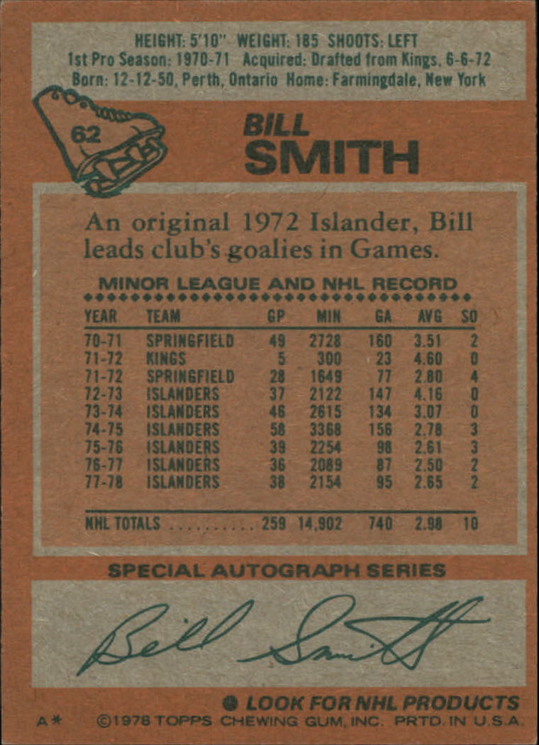 1978-79 Topps #62 Billy Smith back image