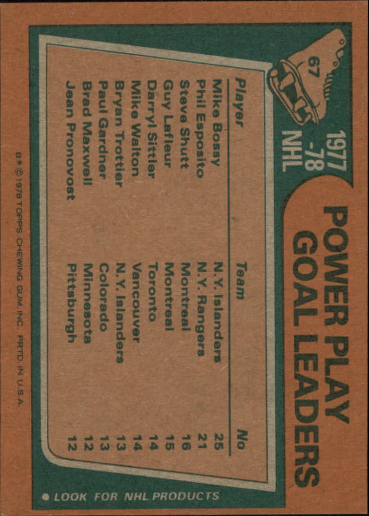 1978-79 Topps #67 Power Play Goal/Leaders/Mike Bossy/Phil Esposito/Steve Shutt back image