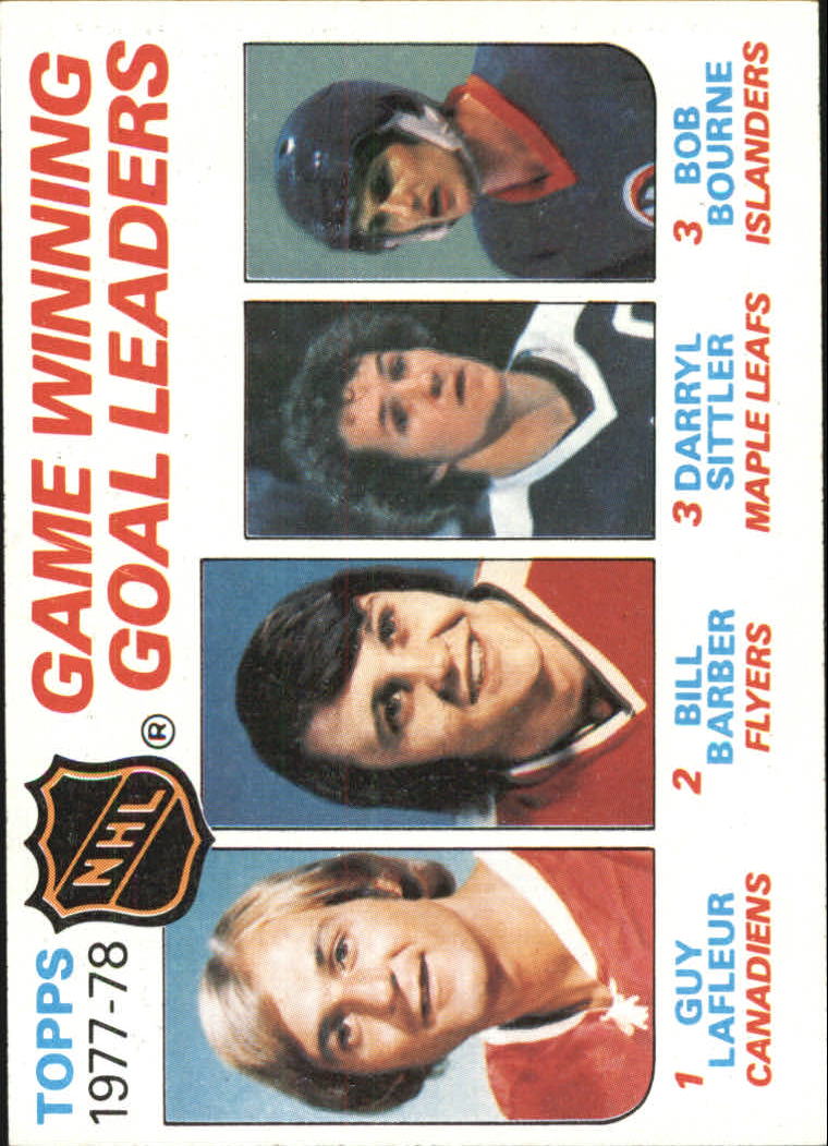 1978-79 Topps #69 Game Winning/Goal Leaders/Guy Lafleur/Bill Barber/Darryl Sittler/Bob Bourne