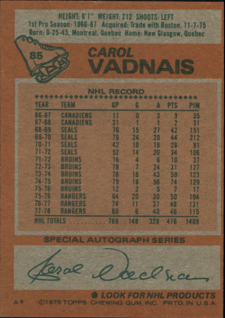 1978-79 Topps #85 Carol Vadnais back image