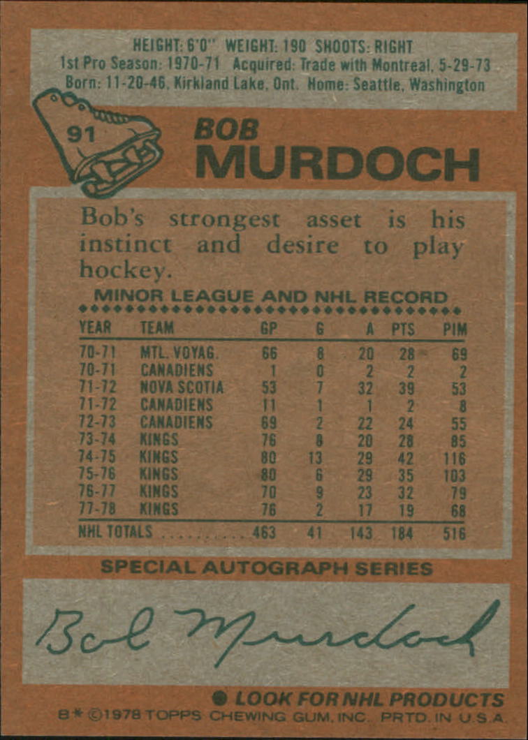 1978-79 Topps #91 Bob Murdoch back image