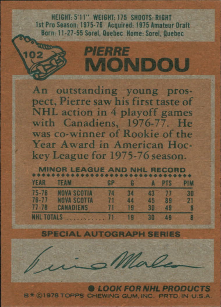 1978-79 Topps #102 Pierre Mondou RC back image