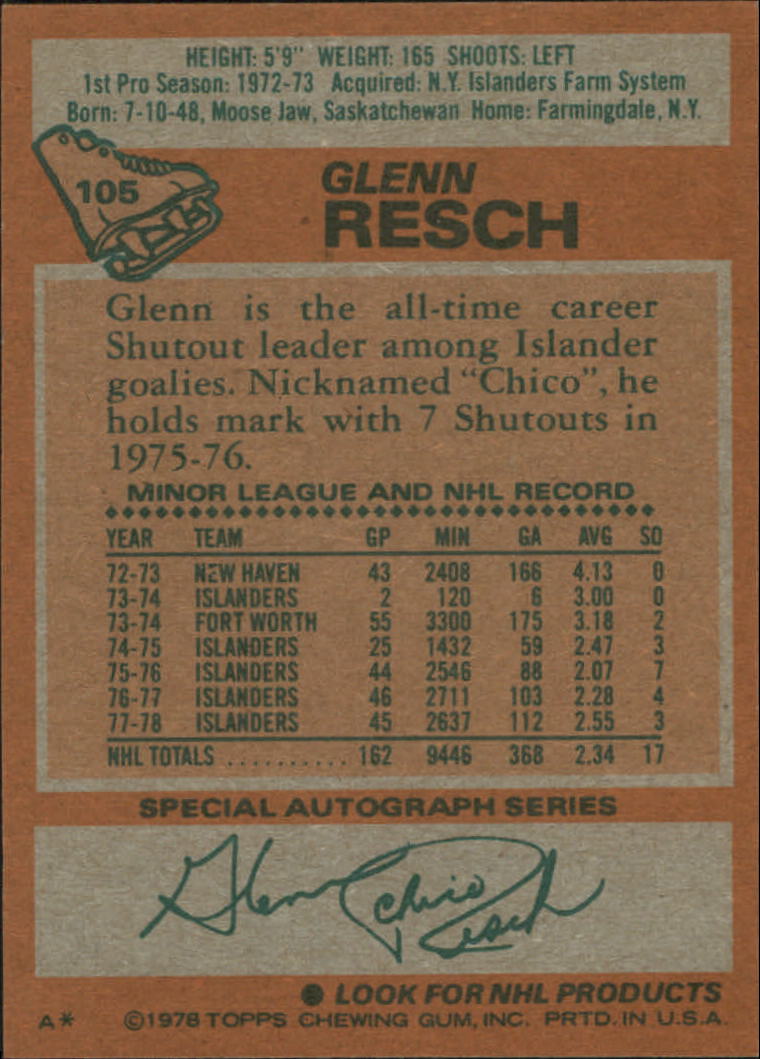 1978-79 Topps #105 Glenn Resch back image
