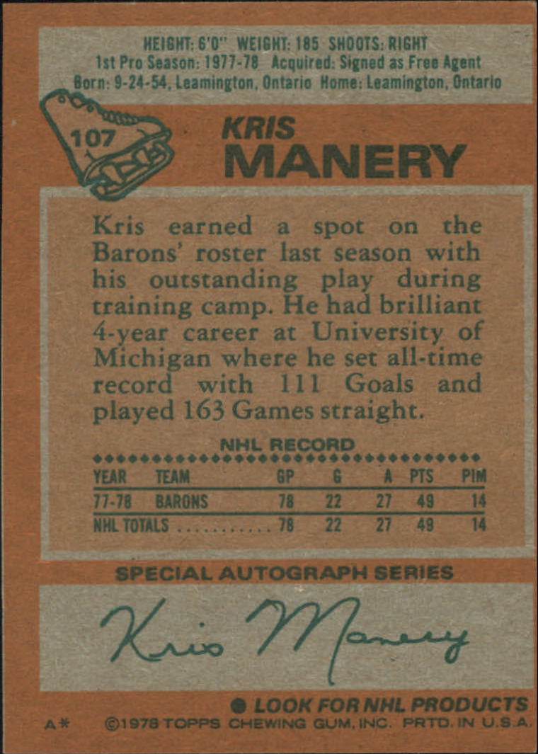 1978-79 Topps #107 Kris Manery RC back image