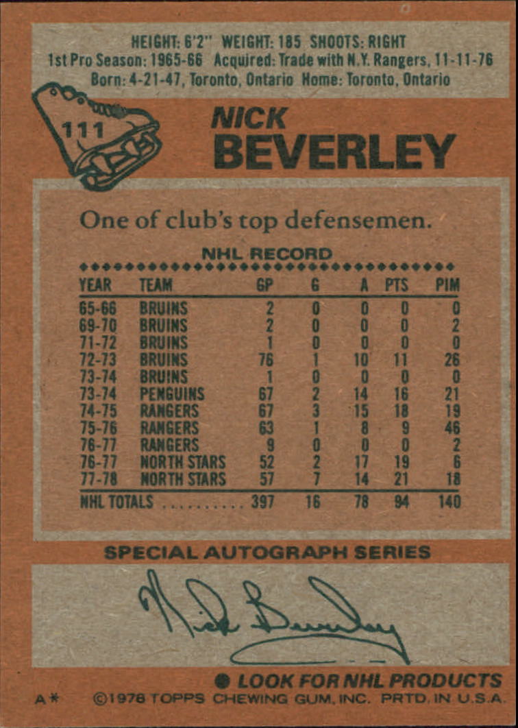 1978-79 Topps #111 Nick Beverley back image
