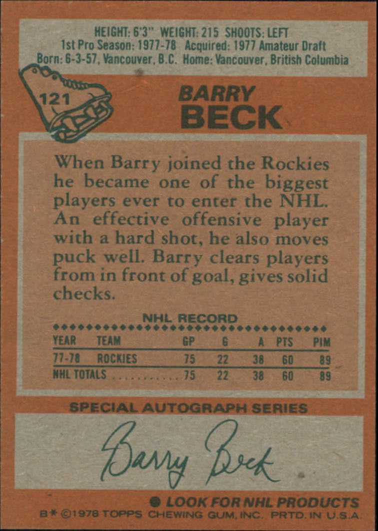 1978-79 Topps #121 Barry Beck RC back image