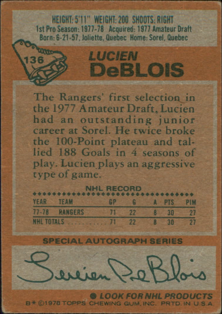 1978-79 Topps #136 Lucien DeBlois RC back image