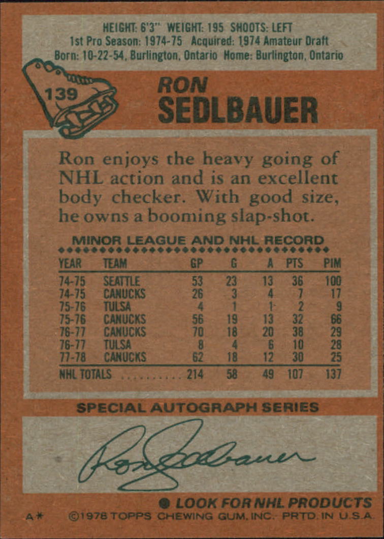 1978-79 Topps #139 Ron Sedlbauer back image